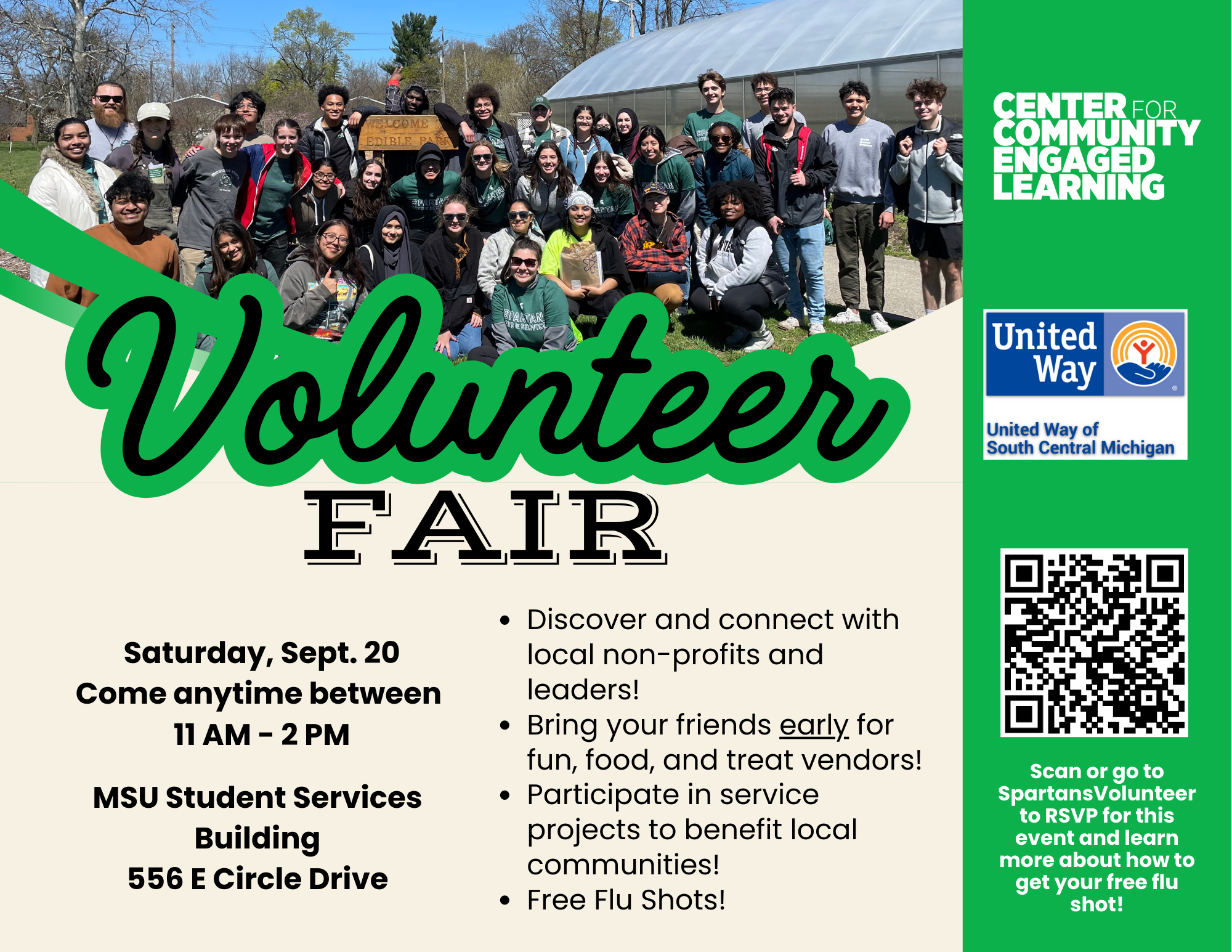 A half-page informational flyer for the Volunteer Fair, including a QR code to RSVP and logos of the Center for COmmunity Engaged Learning and United Way of South Central Michigan